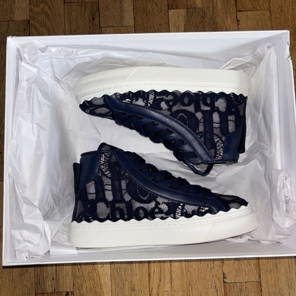 Chloe Blue Lagoon Logo Lace Leather HighTop Sneakers, Navy White , Sz. 37 New